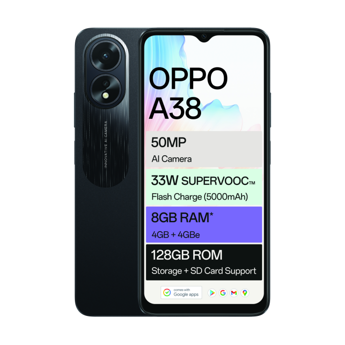 OPPO A38 Dual SIM, 128 GB, 4 GB RAM, 4G LTE - Glowing Black ( International  Warranty )