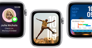 Translate app, Check in app, Photos face, Modular watch face, and Vitals app, on five Apple Watch SE devices